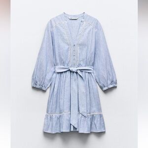 New ZARA Linen Bland Striped Inserts V-neck Long Sleeve Mini Dress